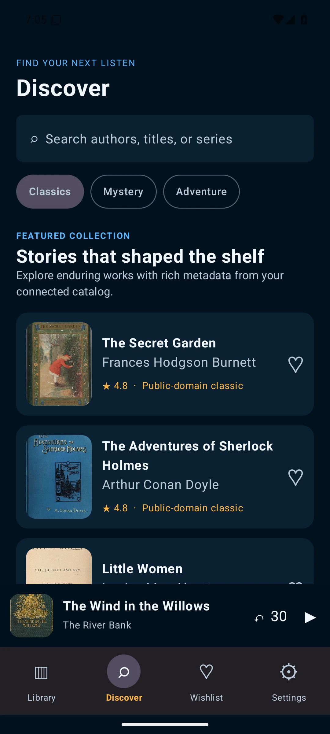 Applaudible Discover screen showing public-domain classics