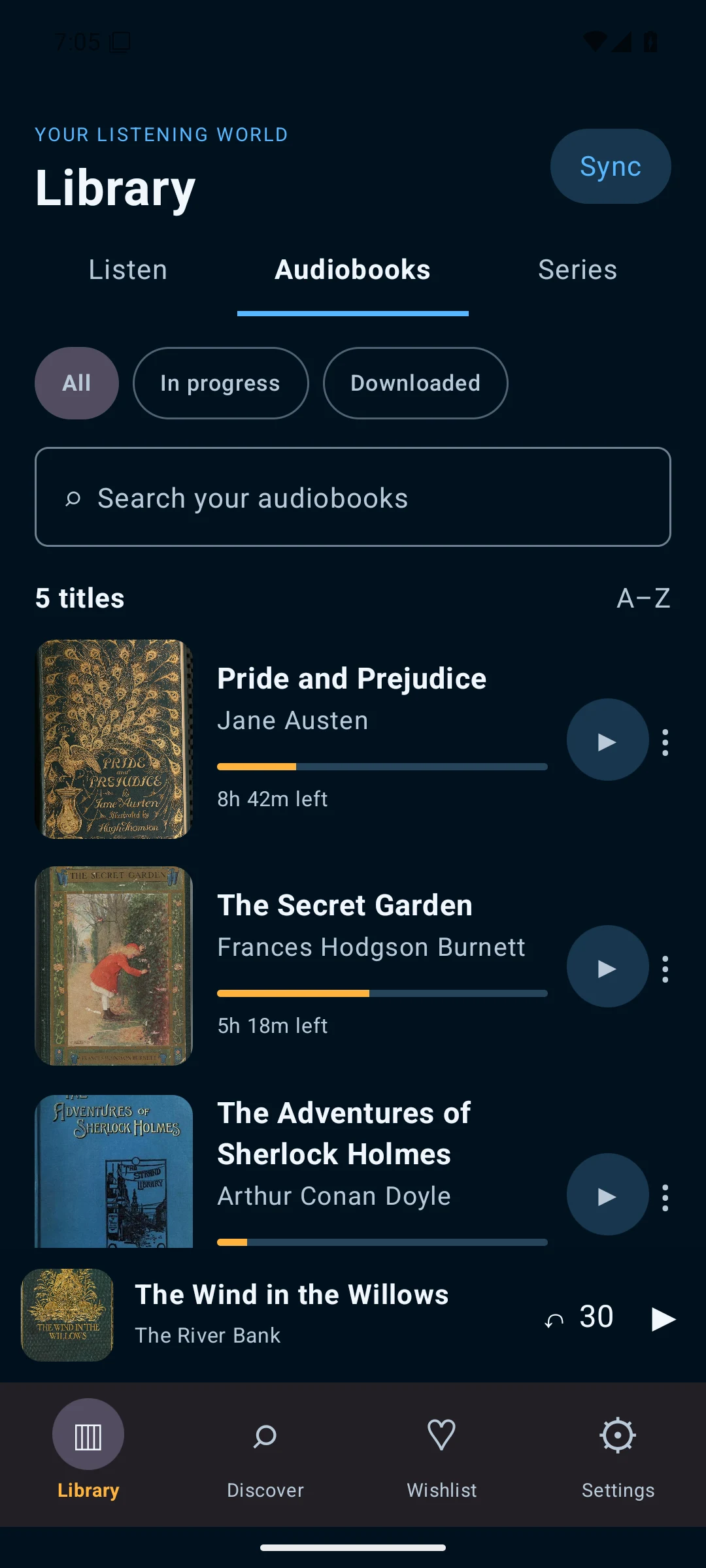 Applaudible library with public-domain covers, filters, progress, and a mini player