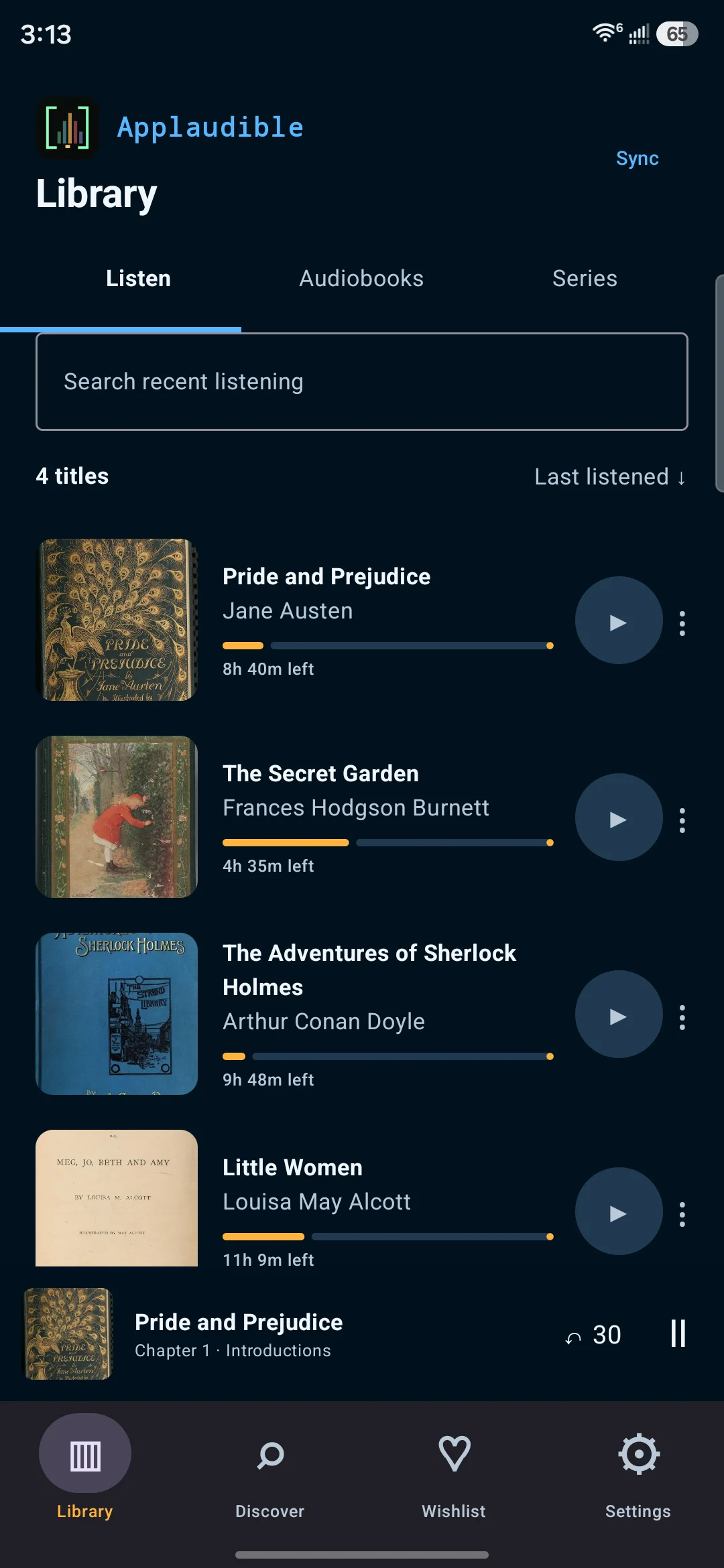 Applaudible Listen view with recent public-domain audiobooks and listening progress