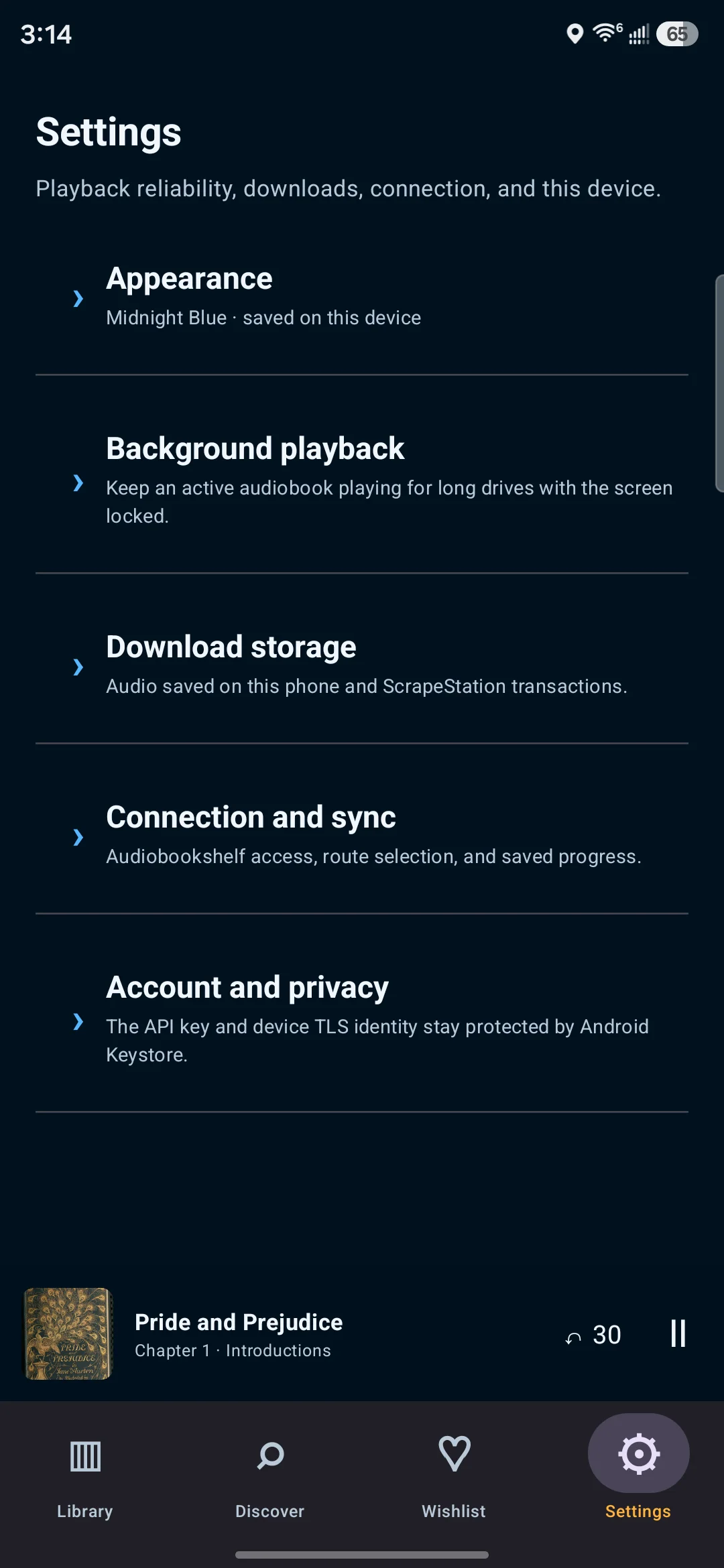 Applaudible Settings showing appearance, playback, downloads, sync, and account privacy