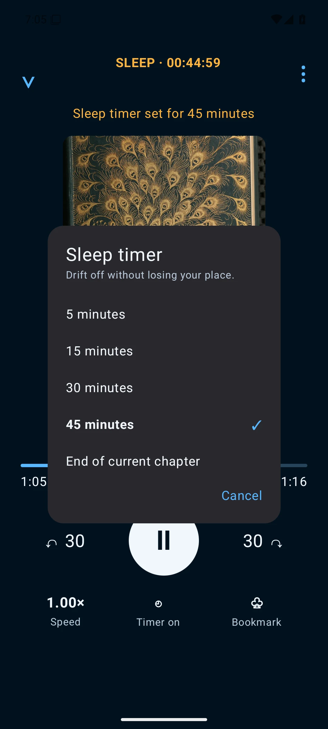 Applaudible player with its sleep timer options open