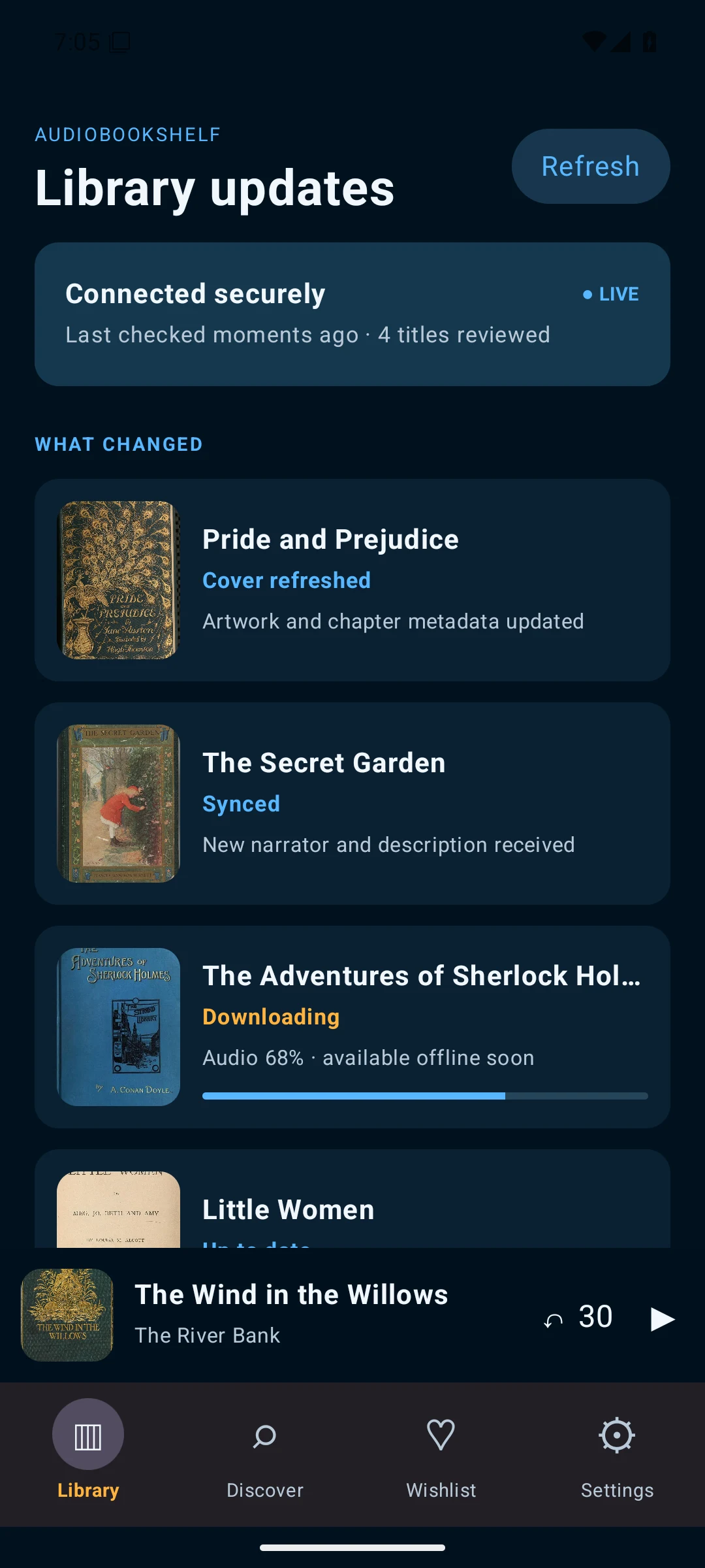 Applaudible Audiobookshelf update view showing catalog sync and an offline download